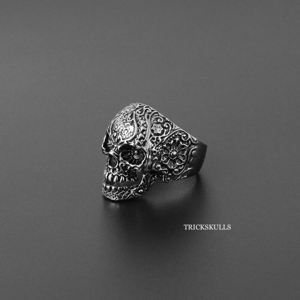 Floral Flower Sugar Skull Modern Vintage Streetwear Ring Sz 7.5 9 9.5 10 10.5 11